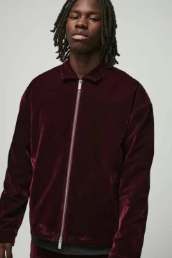Hot boohoo Oversized Zip Through Velour Overshirt & Trouser wine