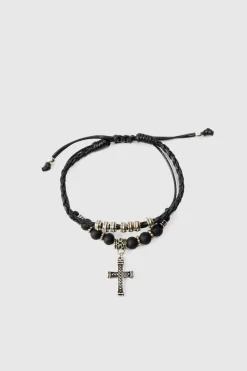 Cheap boohooMAN 2 Pack Adjustable Cross Pendant Bracelets In black