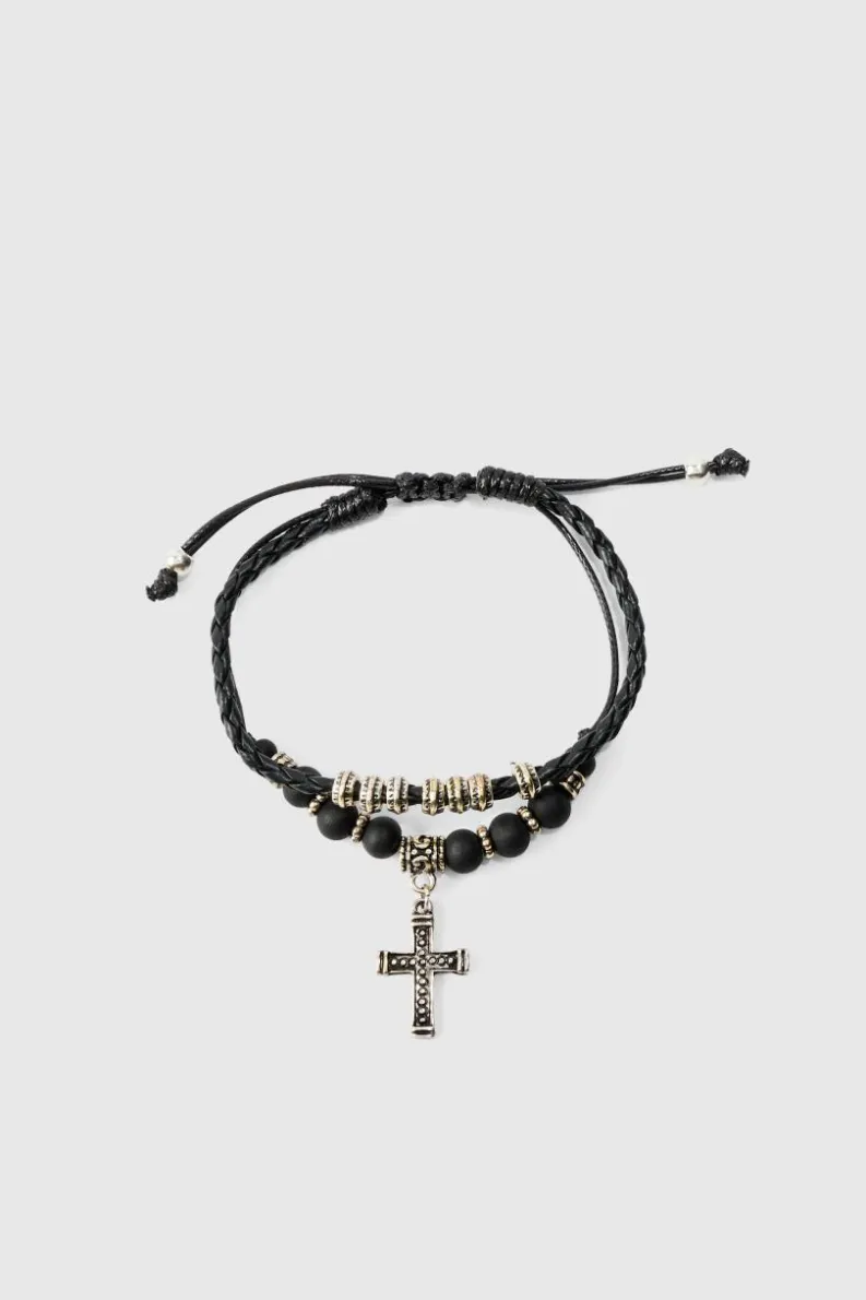 Cheap boohooMAN 2 Pack Adjustable Cross Pendant Bracelets In black