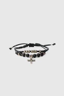 Cheap boohooMAN 2 Pack Adjustable Cross Pendant Bracelets In black