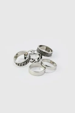 Discount boohooMAN 5 Pack Chain Detail Rings silver