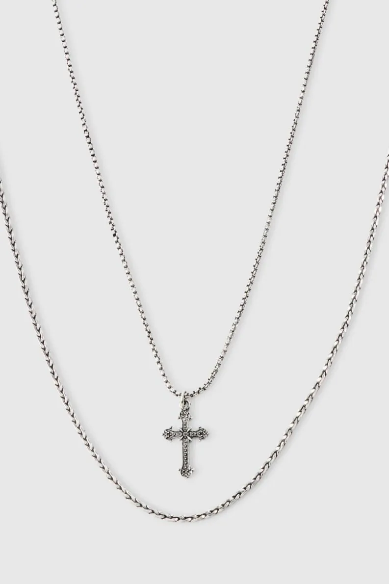 Clearance boohooMAN 2 Pack Cross Pendant Necklace In silver
