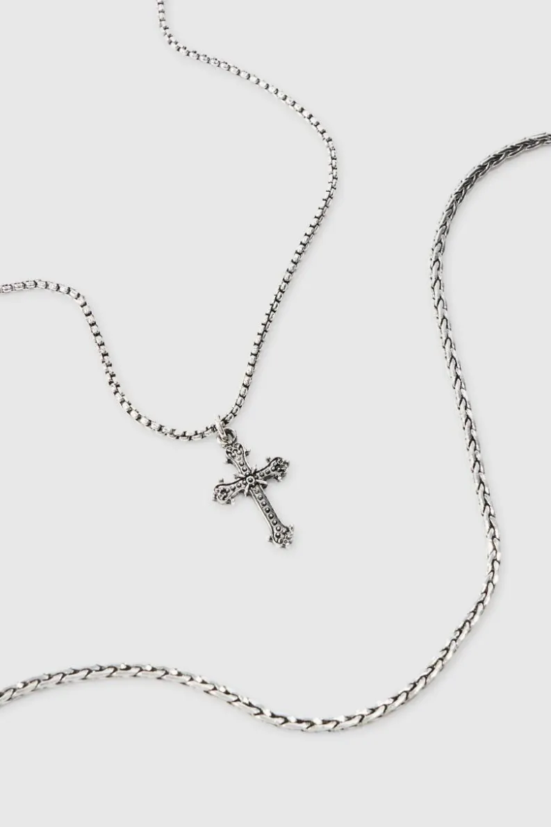 Clearance boohooMAN 2 Pack Cross Pendant Necklace In silver