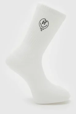 Store boohooMAN 1 Pack Embroidered Trippy Face Sock white