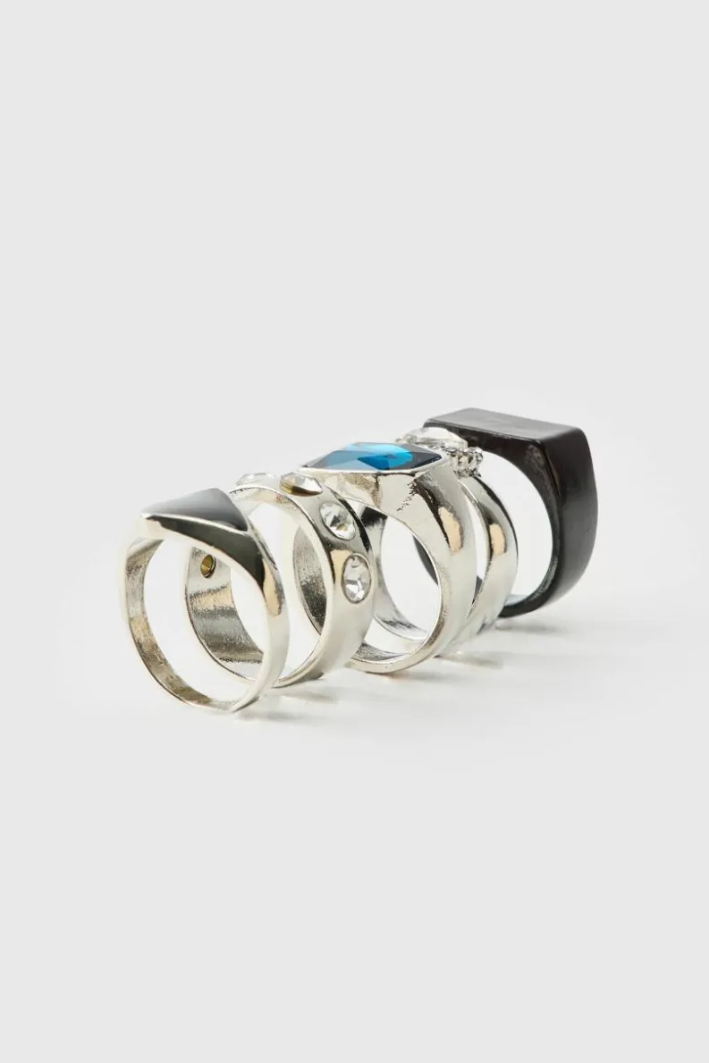 Store boohooMAN 5 Pack Gem Rings silver
