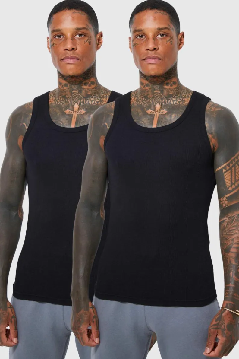 Clearance boohooMAN 2 Pack Muscle Fit Ribbed Vest black