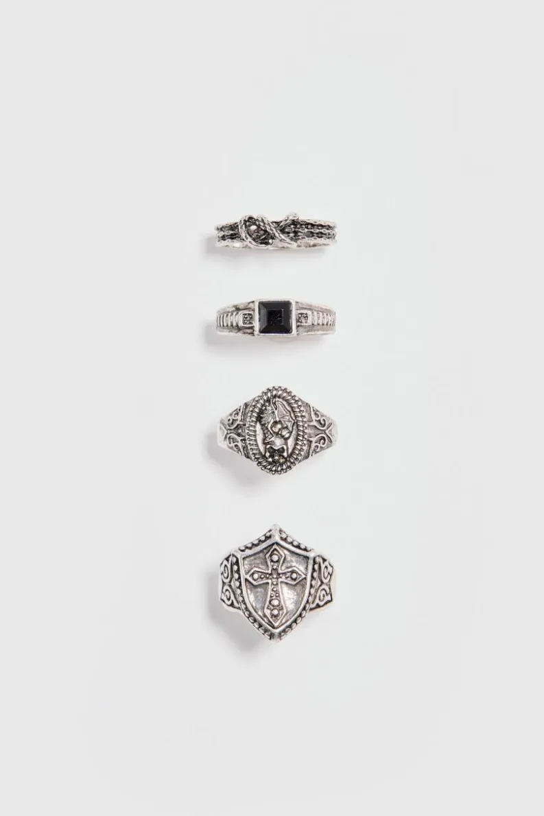 Fashion boohooMAN 4 Pack Rings in Gunmetal gun metal