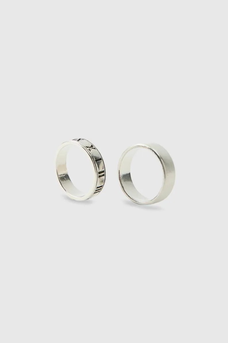 Shop boohooMAN 2 Pack Roman Lettering Rings silver
