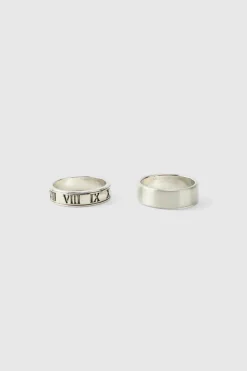 Shop boohooMAN 2 Pack Roman Lettering Rings silver