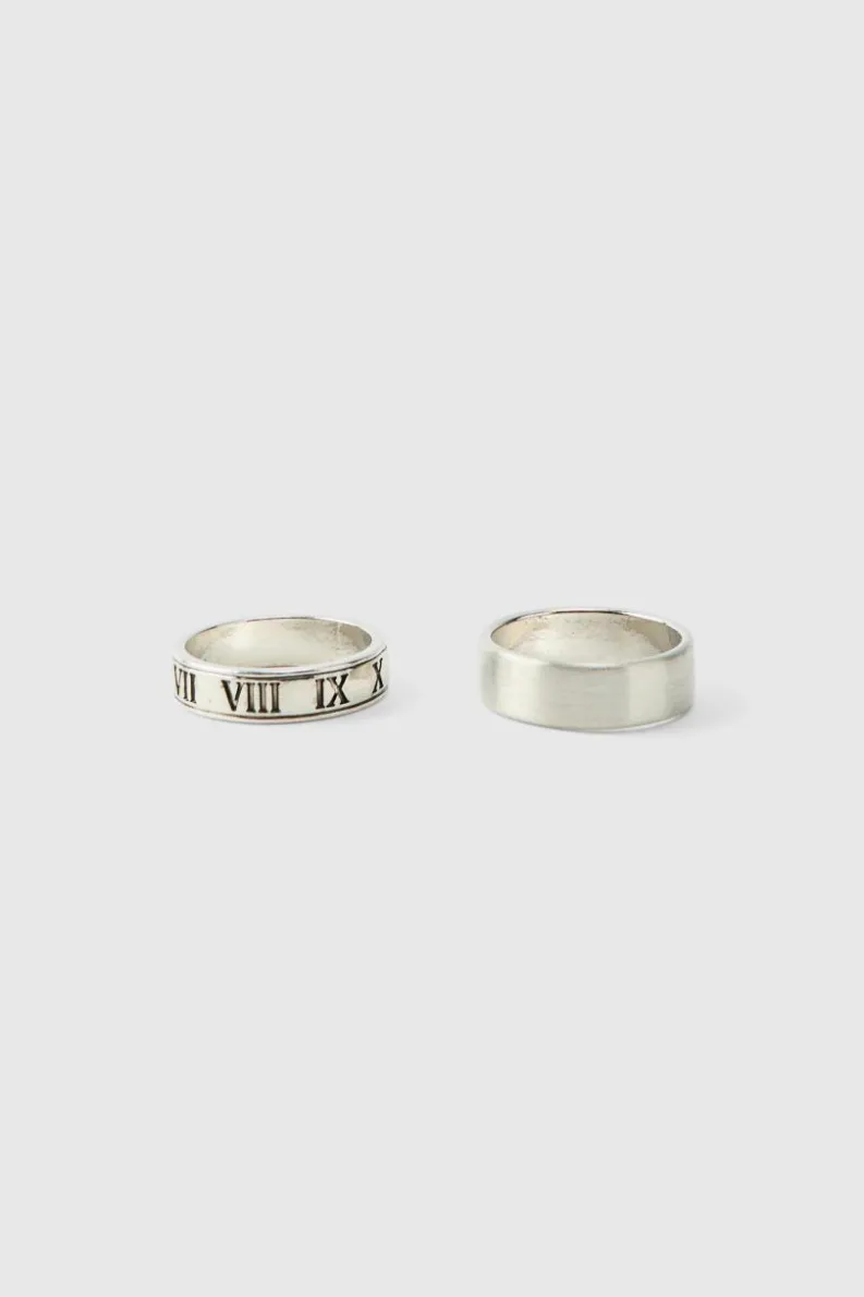 Shop boohooMAN 2 Pack Roman Lettering Rings silver