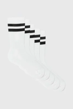 Shop boohooMAN 5 Pack Stripe Sport Socks white