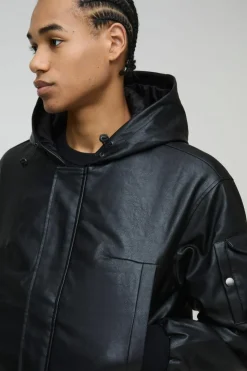 Outlet boohooMAN Padded Hooded PU Bomber Jacket In black
