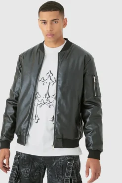 Cheap boohooMAN Padded PU Ma1 Bomber Jacket In black