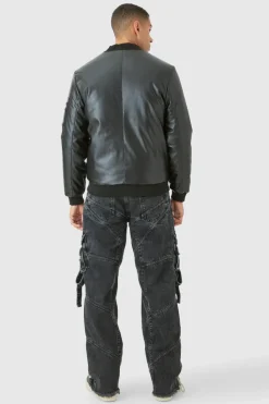 Cheap boohooMAN Padded PU Ma1 Bomber Jacket In black