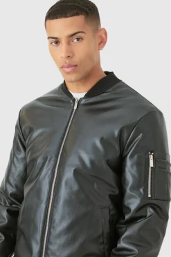 Cheap boohooMAN Padded PU Ma1 Bomber Jacket In black