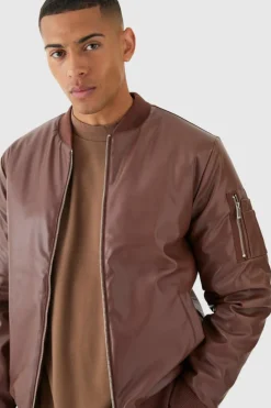 Fashion boohooMAN Padded PU Ma1 Bomber Jacket In chocolate