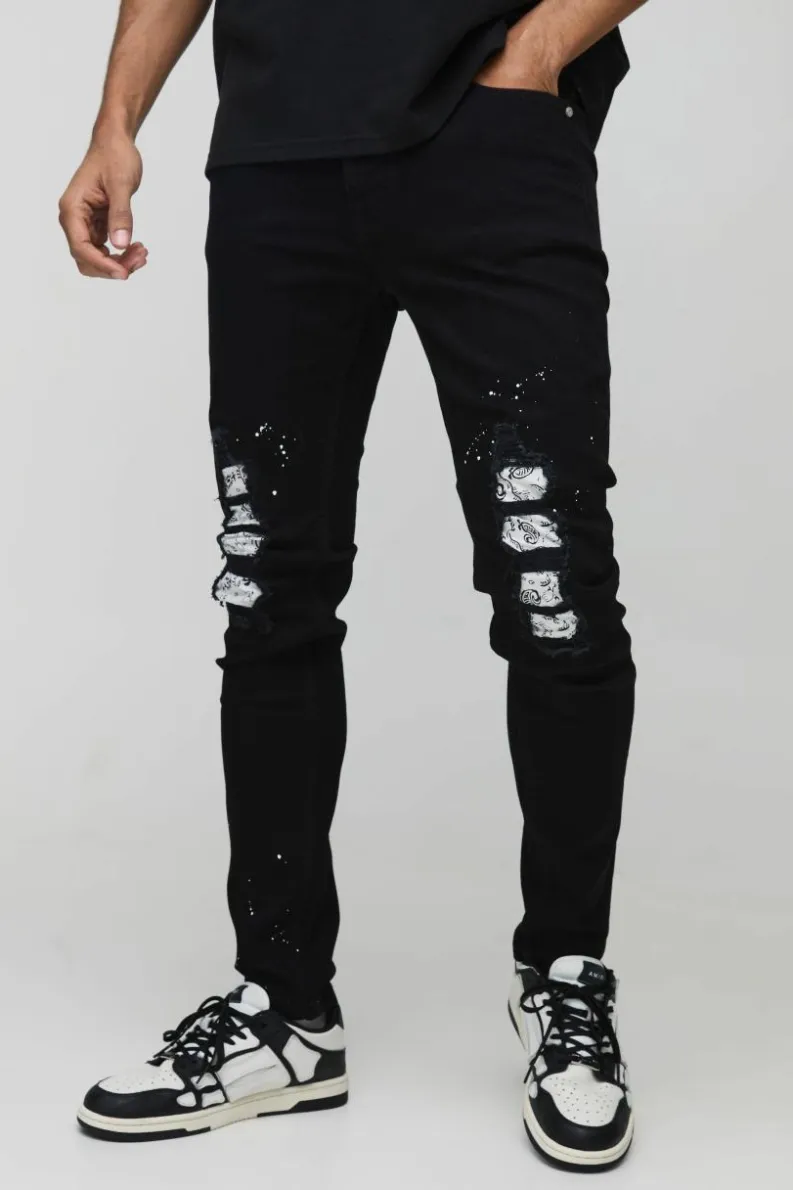 Cheap boohooMAN Paint Splatter Bandanna Rip & Repair Skinny Jeans black