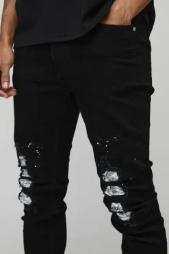 Cheap boohooMAN Paint Splatter Bandanna Rip & Repair Skinny Jeans black