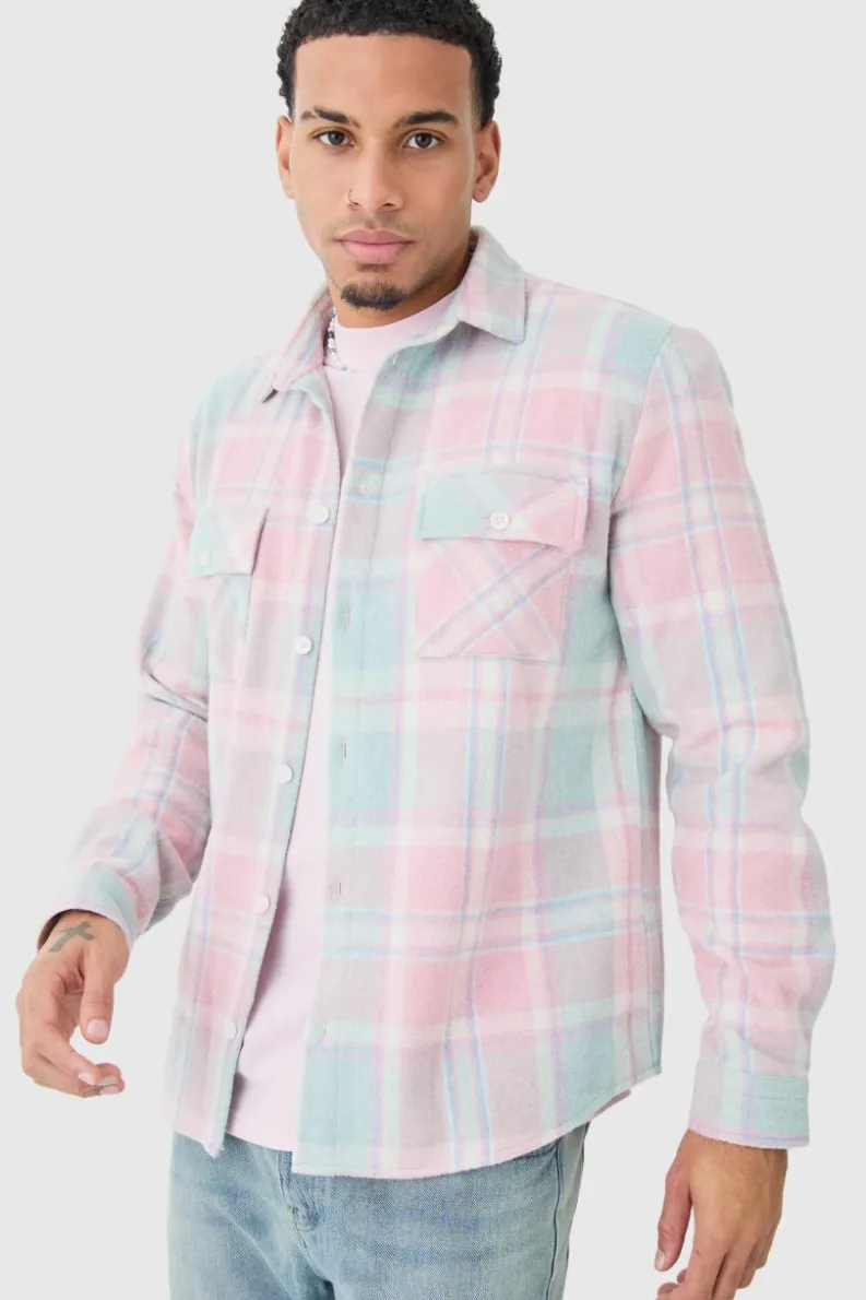 Shop boohooMAN Pastel Check Overshirt light blue