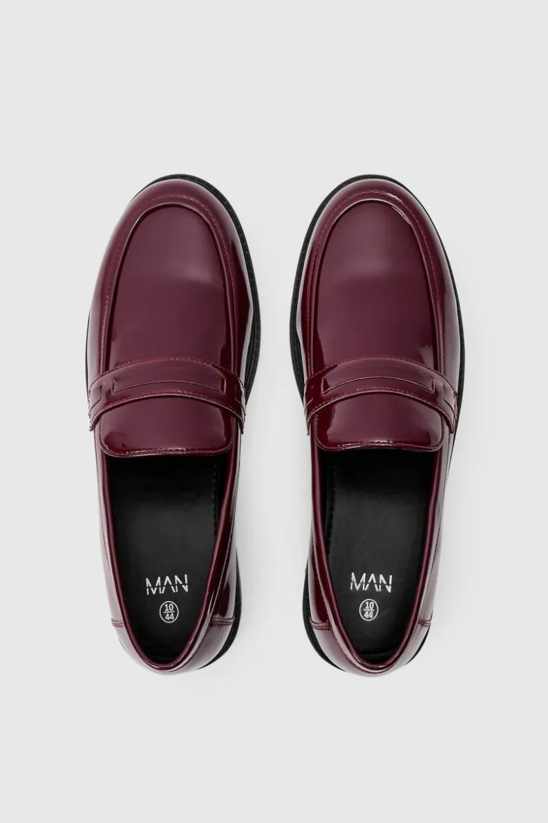 Shop boohooMAN Patent Pu Loafers burgundy