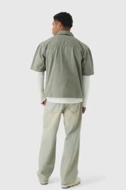 Cheap boohooMAN Peached Twill Utility Short Sleeve Shirt slate