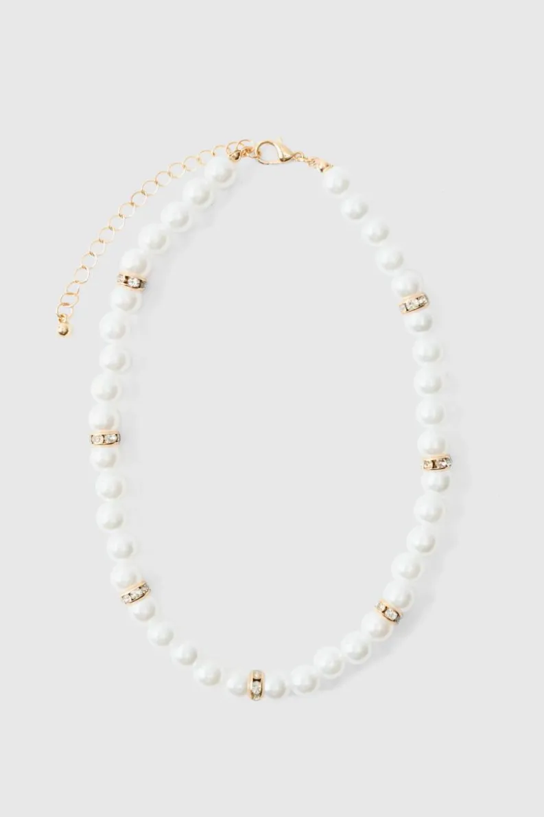 Shop boohooMAN Pearl Bead Necklace in gold