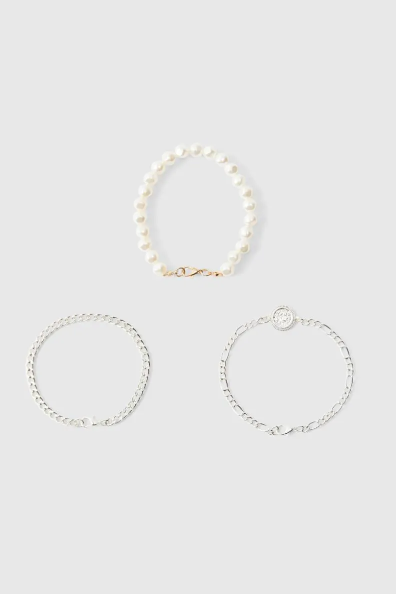 Best Sale boohooMAN Pearl Bracelet 3 Pack silver