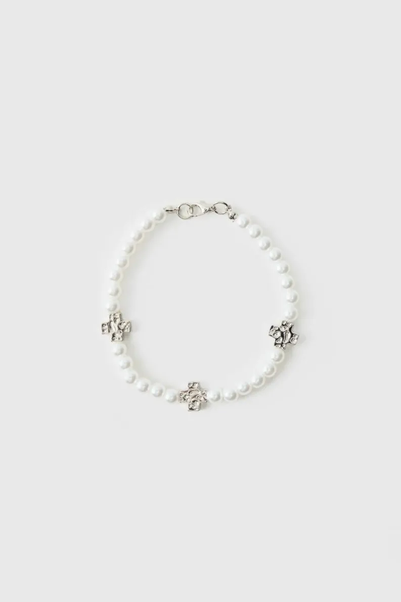 Best Sale boohooMAN Pearl Bracelet with Cross Charms white