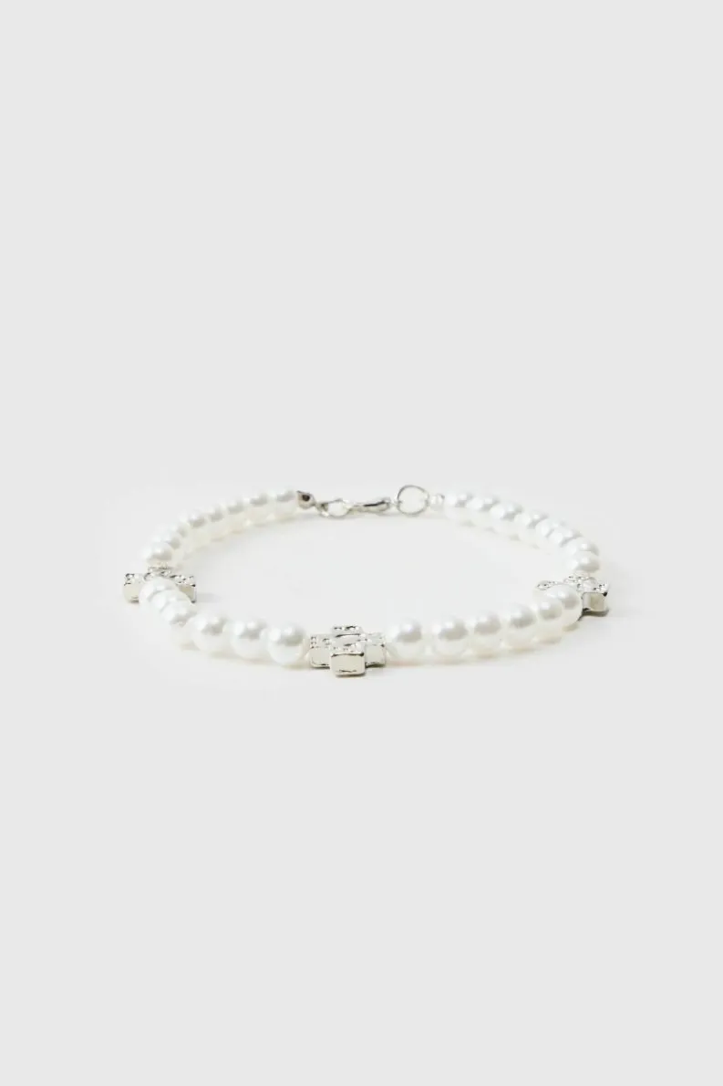 Best Sale boohooMAN Pearl Bracelet with Cross Charms white