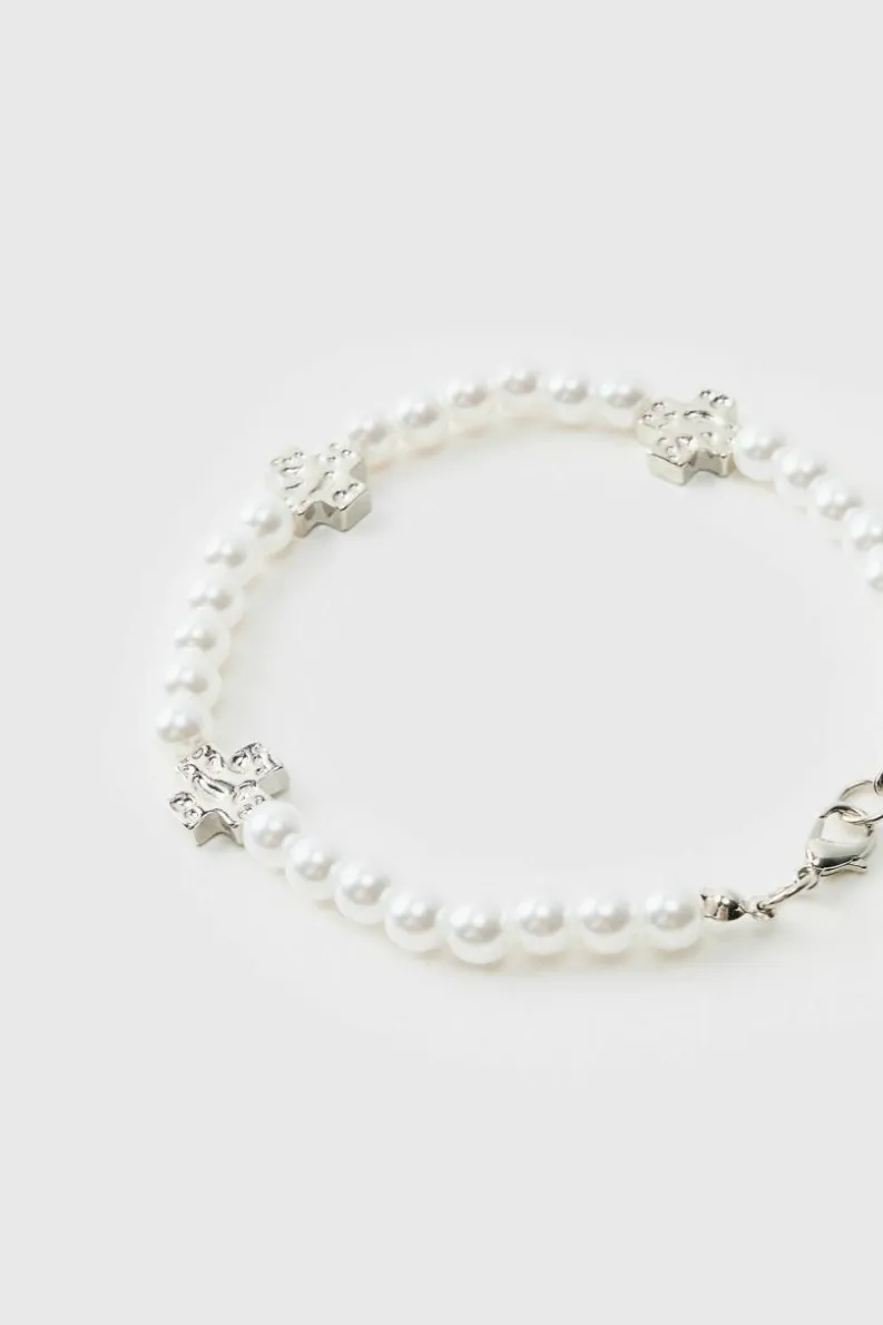 Best Sale boohooMAN Pearl Bracelet with Cross Charms white