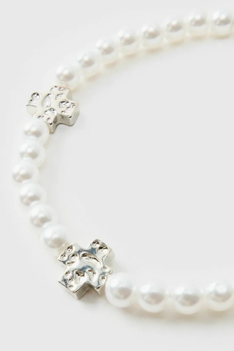 Best Sale boohooMAN Pearl Bracelet with Cross Charms white