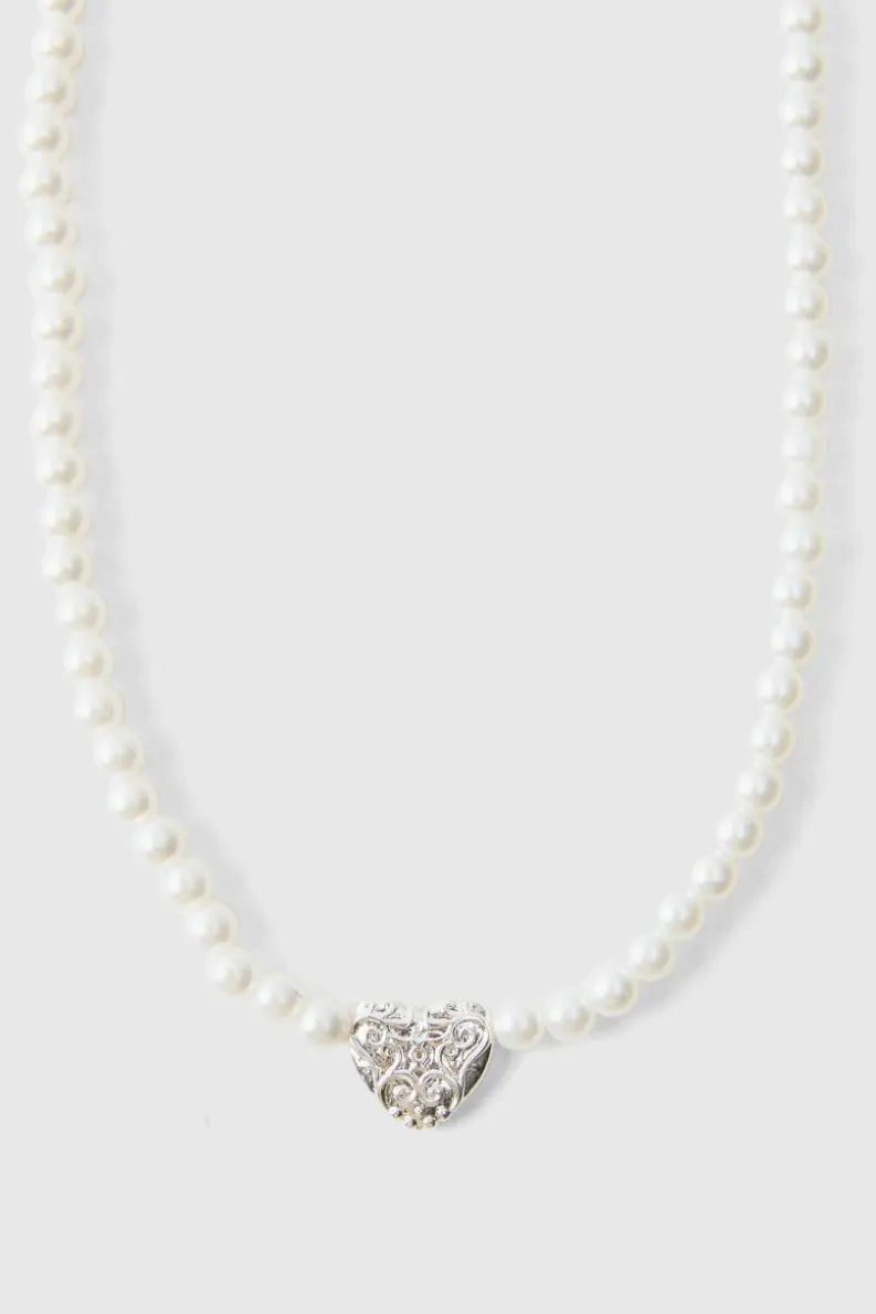 Best Sale boohooMAN Pearl Necklace With Heart Pendant silver