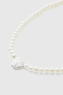 Best Sale boohooMAN Pearl Necklace With Heart Pendant silver