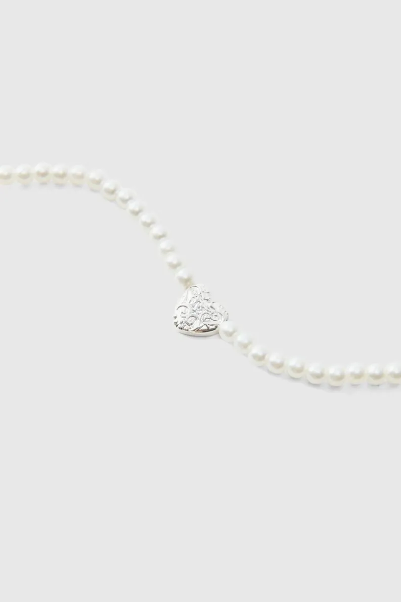 Best Sale boohooMAN Pearl Necklace With Heart Pendant silver