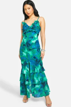 Hot boohoo Petite Abstract Floral Ruffle Maxi Dress green