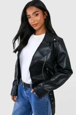 Cheap boohoo Petite Belted Biker Jacket black