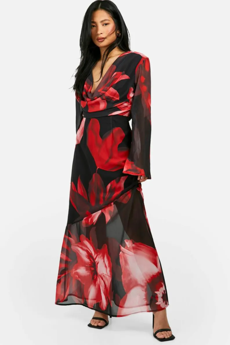 Discount boohoo Petite Bold Floral Cowl Detail Maxi Dress red