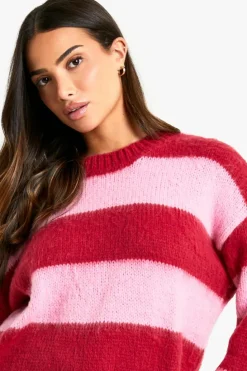 Best boohoo Petite Brushed Striped Oversized Knitted Jumper burgundy