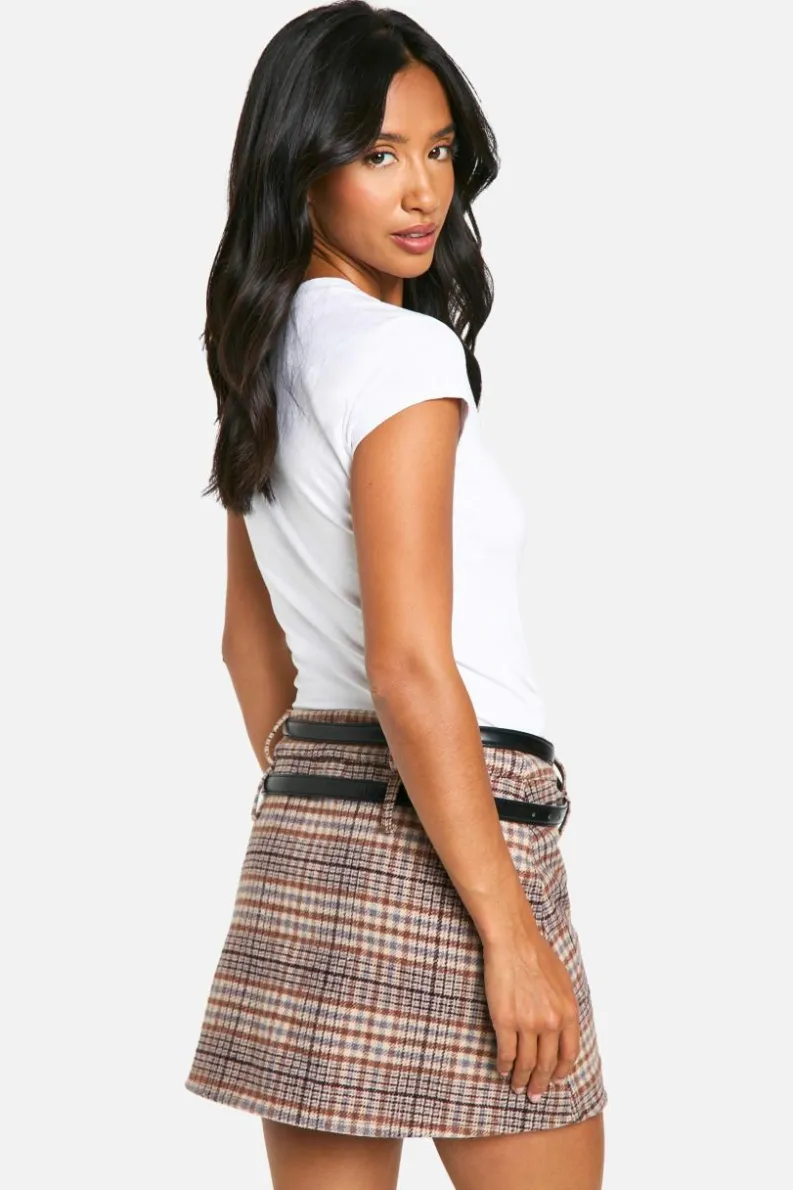 Sale boohoo Petite Check Wool Look Longline Coat & Micro Mini Skirt Set stone