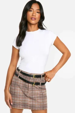 Sale boohoo Petite Check Wool Look Longline Coat & Micro Mini Skirt Set stone