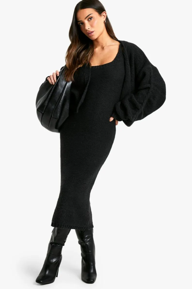 Best Sale boohoo Petite Chunky Knit Dress And Cardigan Co Ord black