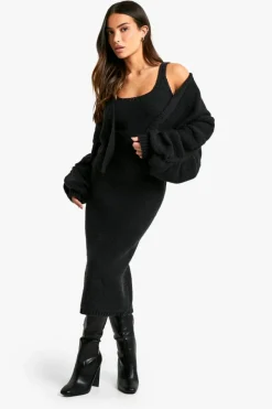 Best Sale boohoo Petite Chunky Knit Dress And Cardigan Co Ord black