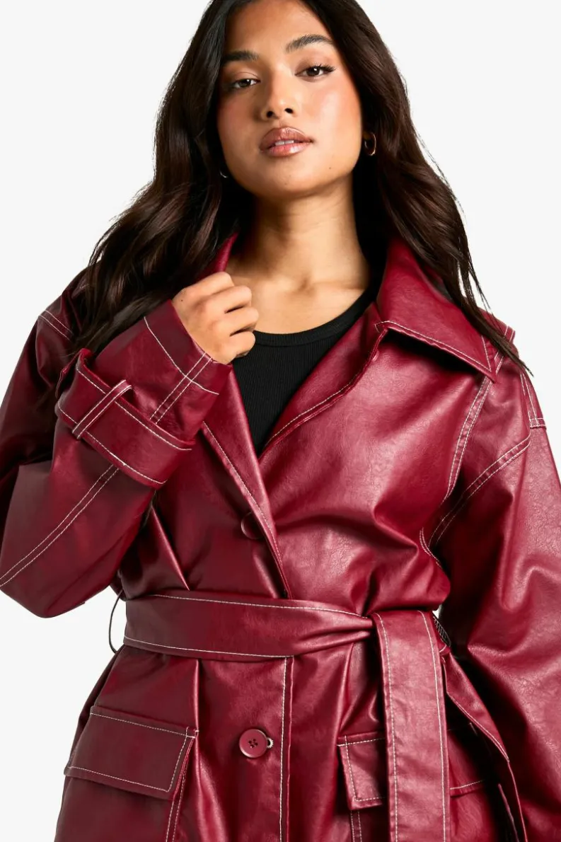 Best boohoo Petite Contrast Stitch Trench Coat red