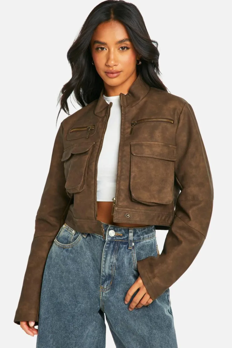 Flash Sale boohoo Petite Cropped Pocket Detail Faux Leather Biker Jacket brown