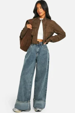 Flash Sale boohoo Petite Cropped Pocket Detail Faux Leather Biker Jacket brown