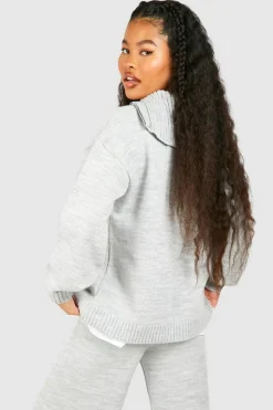 Shop boohoo Petite Dsgn Embossed Knitted Half Zip Jumper grey