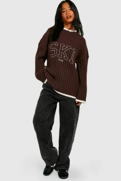 Fashion boohoo Petite Embroidered Rib Knit Jumper chocolate