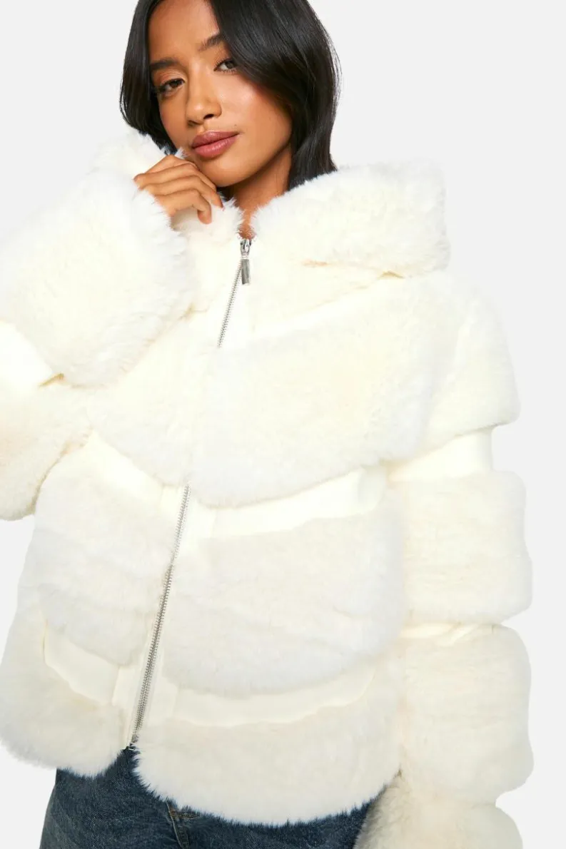 Cheap boohoo Petite Faux Fur Hooded Jacket cream