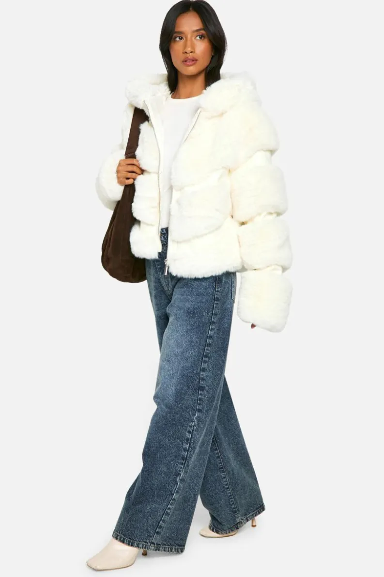 Cheap boohoo Petite Faux Fur Hooded Jacket cream