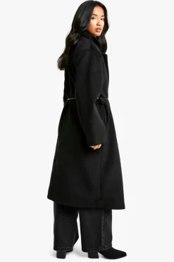 Store boohoo Petite Faux Leather Belt Wool Look Coat black